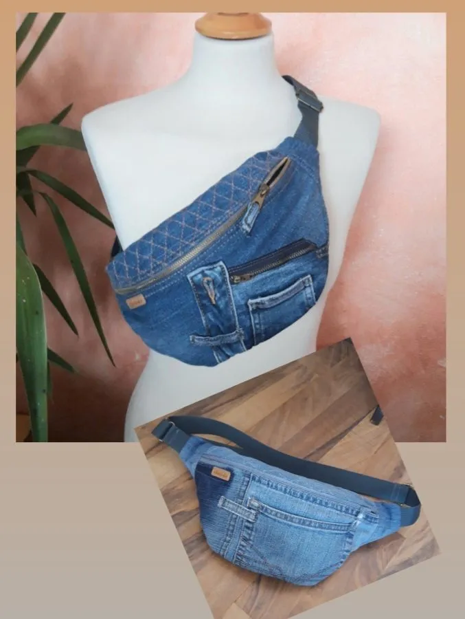 Bauchtasche aus einer alten Jeans mit Ziernähten, an einer Schneiderpuppe