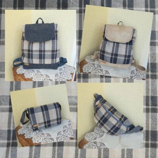 Rucksack, Tasche und Bauchtasche aus hellem Karostoff